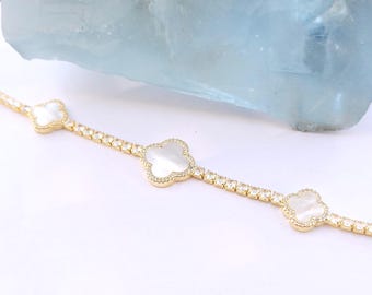 14k Gold Plated Clover Bracelet, Mother of Pearl Crystal Bangle