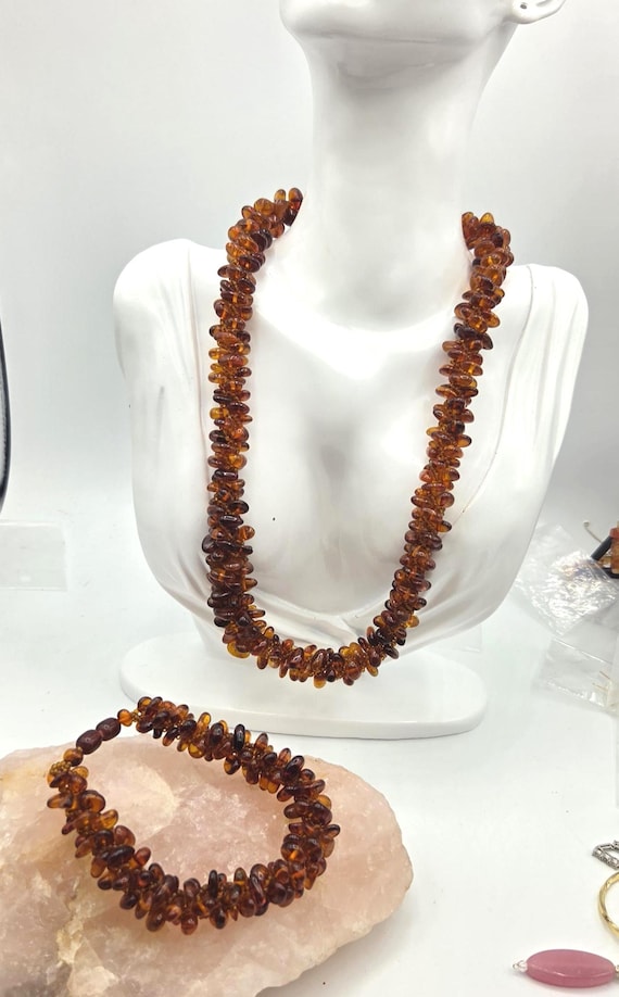 Amber necklace handmade, vintage fossil necklace woven Resin Jewelry, bracelet and necklace set
