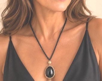 Black Beaded Tassel Necklace, Black Cat's Eye Gemstone Pendant