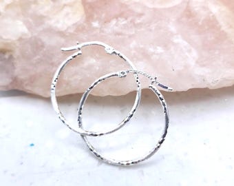 Skinny sterling silver hoop earrings, textured sparkly hoops, 28mm Mother's day gift