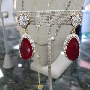 Red earrings Dangle post Crystal Earrings rhinestones teardrop Earrings, Anniversary gift