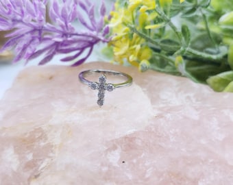 Sterling Silver CZ Cross Ring, Rose Gold Plated, Faith Midi Ring