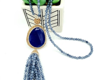 Bohemian Blue Crystal Tassel Pendant Necklace: Agate Gemstone, Handmade Boho Jewelry