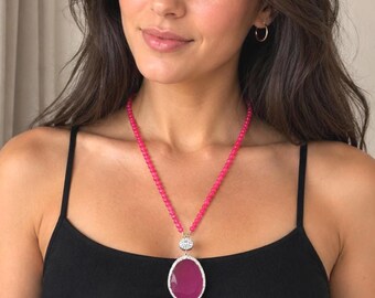 Pink necklace - beaded fuchsia long necklace - big pink pendant