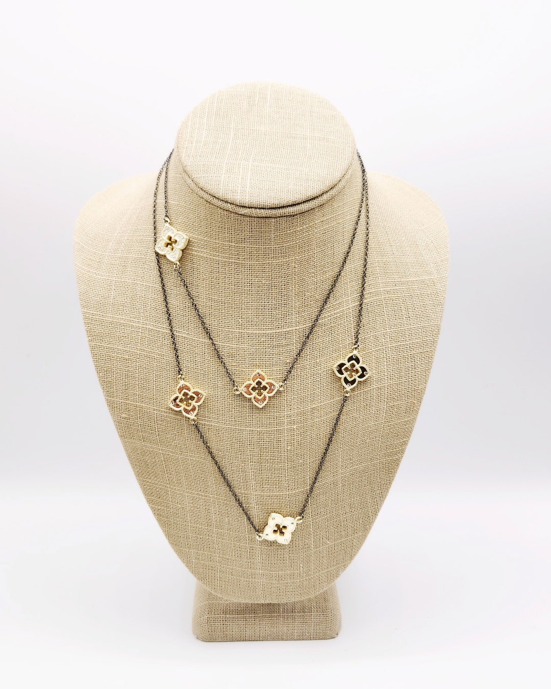 Long Necklace Flower Stations Yellow Gold Clover Chain Etsy