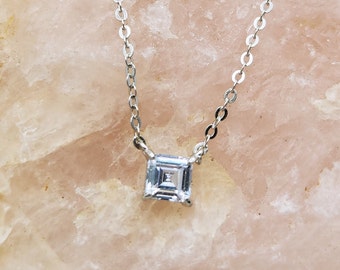 Square CZ Pendant Necklace, Sterling Silver 925, Minimalist Bridal Jewelry
