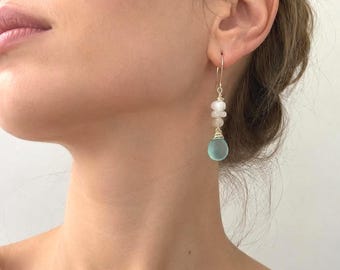 Aqua Handmade gemstone dangle earrings aqua chalcedony teal and white earrings