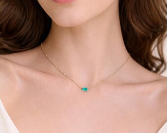 TINY BAGUETTE Paraiba solitaire Necklace Rectangle, Gift for her Mother's day gift