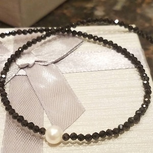 Black Beaded necklace Spinel choker Silver Necklace Dainty single Pearl birthday  gift