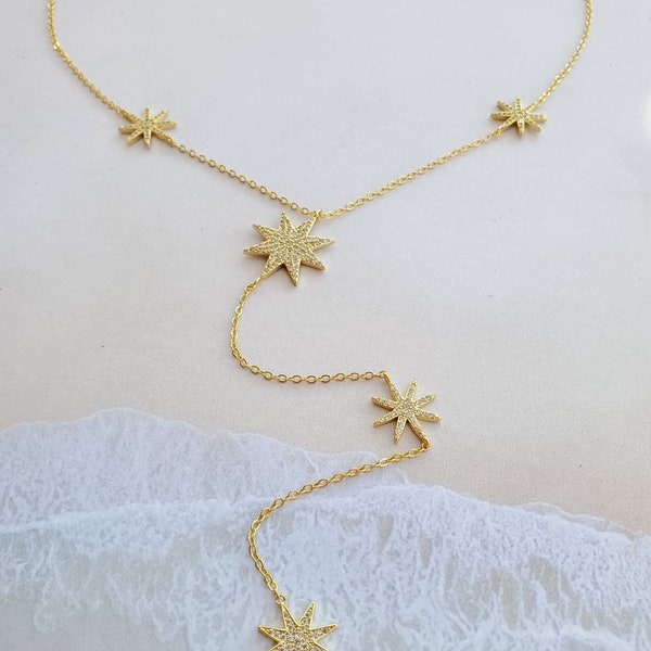 Stars necklace, Lariat necklace, drop starburst necklace, Y necklace, Long chain, Mother's day Gift Mother's day gift