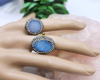 Druzy Gemstone Ring with Rhinestone Halo, Adjustable Cocktail Ring Mother's day gift