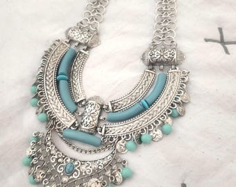 Statement Silver Plated Bohemian Necklace, Tribal Coin Layered Necklace Mother's day gift