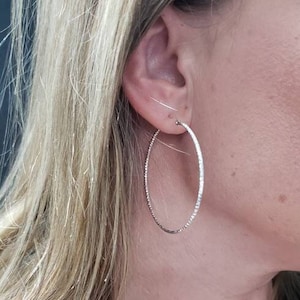 Textured Hoops silver large hoop earrings, Circle thin hoops, gift for her, Diamond cut hoops