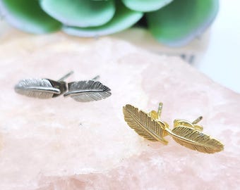 Small feather earrings, Sterling silver 925 post earrings, studs, Mother's day gift