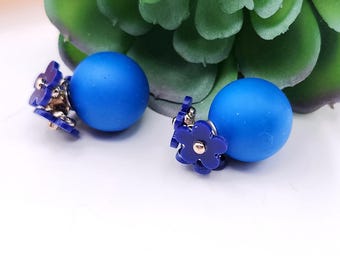 Blue Ball Flower Post Earrings, Double Sided Studs
