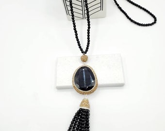 Boho beaded Tassel necklace, Gemstone crystal necklace, Anniversary gift Valentines Gift