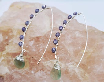 Bohemian gemstone earrings handmade wire wrapped, green teardrop Mother's day gift