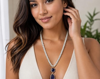 Long Beaded Gemstone Pendant Necklace - Boho Crystal Jewelry