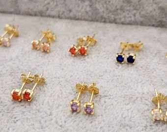 Gold Stud Earrings with Colorful Cubic Zirconia Mother's day gift