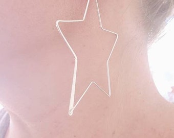Big Star Hoop Earrings, Dainty Sterling Silver, Geometric Celestial Jewelry