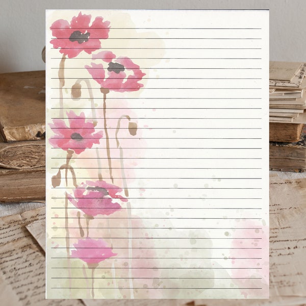 Watercolor Flowers Lined Stationery 8.5"X11"  25 sheets and 10 color coordinated envelopes available