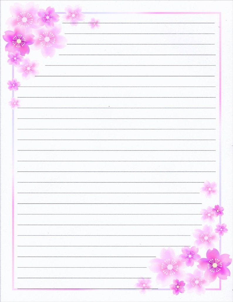 Pink Floral Border Lined Stationery 8.5X11 25 sheets and 10 color coordinated envelopes available image 2