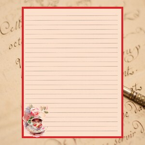May include: A blank sheet of lined paper with a red border. The paper has a light peach background and is decorated with a watercolor illustration of a teacup and roses in the bottom left corner.