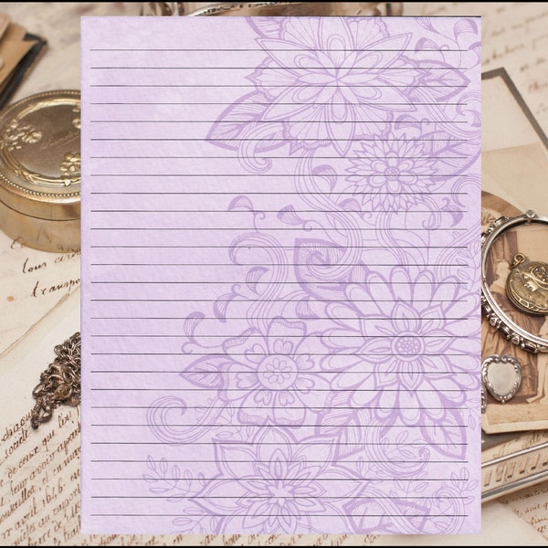Purple Floral Background Lined Stationery 8.5"X11"  25 sheets and 10 color coordinated envelopes available