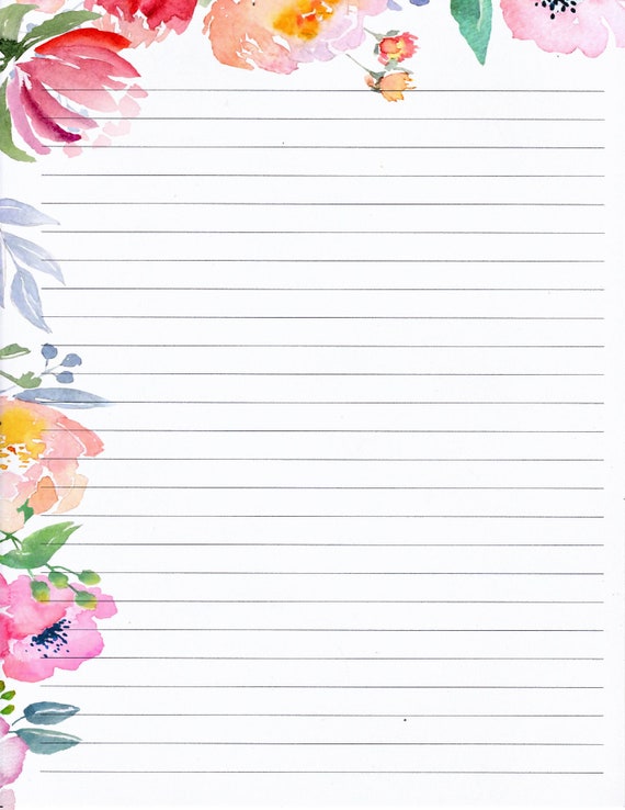 Watercolour lined A4 writing paper corner flowers