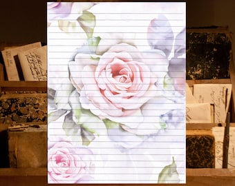 Pink Rose Lined Stationery 8.5" X 11"  25 Sheets and 10 Color Coordinated Envelopes Available