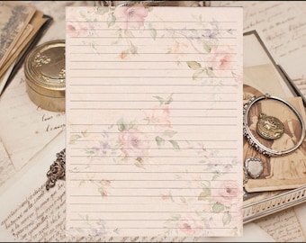 Pink floral background lined writing paper 8.5"X11" with 25 sheets and 10 color co-ordinated envelopes available.