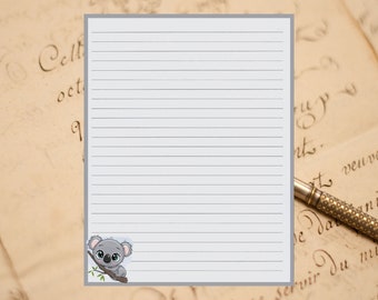 Cute Koala Bear Lined Stationery 8.5" X 11" 25 Sheets and 10 Color Coordinated Envelopes Available