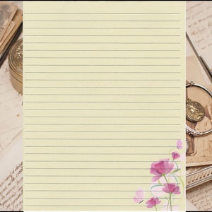 May include: A lined sheet of paper with a light yellow background and pink flowers in the bottom right corner. The paper is surrounded by vintage photos and ephemera.