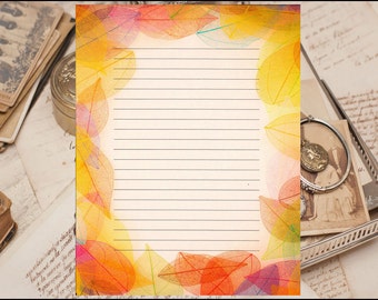 Autumn Inspired Lined Stationery 8.5" X 11" 25 Sheets and 10 Color Co-ordinated Envelopes Available