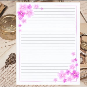 Pink Floral Border Lined Stationery 8.5X11 25 sheets and 10 color coordinated envelopes available image 1