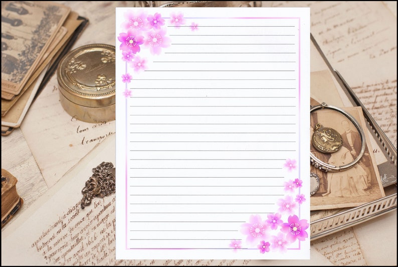 Pink Floral Border Lined Stationery 8.5X11 25 sheets and 10 color coordinated envelopes available image 1