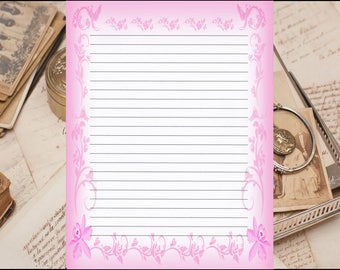 Pink Bordered Fine Lined Stationery 8.5" X 11" 25 Sheets and 10 Color Coordinated Envelopes Available