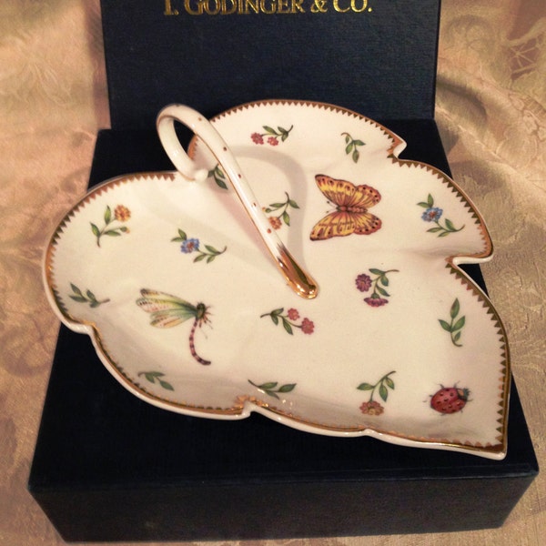 Vintage I. Godinger 7" Lovely Handled Leaf Tray, Butterfly Dish, Floral Porcelain Candy Dish