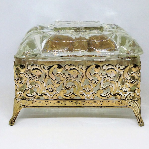 Vintage Glass, Vanity Box, Glass Gold, Jewelry Box, Glass Lid Box, Heavy Glass, Soap Box, Gold Filigree Box, Shabby Chic Vanity Box