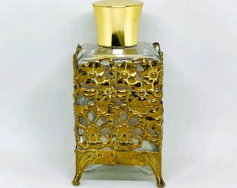 Vintage Floral Ormolu Perfume Bottle: Gold Filigree Vanity Decor