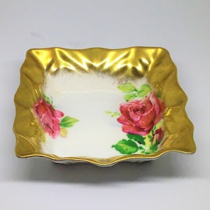 Vintage Queen Anne Rose Bone China Dish: Gold Vanity Ring Dish