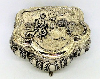 Vintage Silver Trinket Box: Victorian Scene, Red Felt Lining