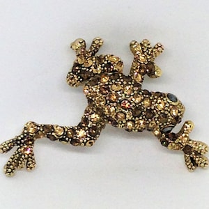 Vintage Kirks Folly Rhinestone Frog Brooch Pin, Topaz Stones on Brass, Brass Rhinestone Pin, Frog Pin, Collectible Frog Brooch, Frog Brooch