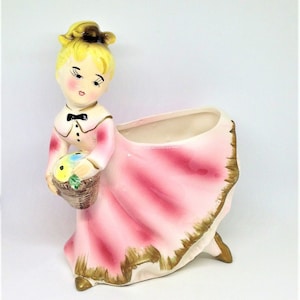 Vintage Ardco Planter, Pink Lady Planter, Japan Planter, Girl Holding Basket,  Vintage Lady Planter, Pen Pencil Holder, Planter Figurine