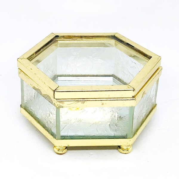 Vintage Glass Box, Glass Gold Metal Box, Display Box, Mirrored Bottom Box, Gold Etched Glass Box, Glass Jewelry Box, Trinket Box