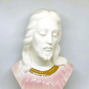 Vintage Porcelain Jesus Bust: White, Gold & Pink Figurine