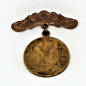 Antique Brass Communion Medal Brooch: Religious Devotional Gift
