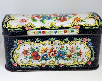 Needlepoint Themed Tin, English Tea Tin by Daher, Florals on Black Tin, Vintage Tin, Oblong Tin, Pink Blue Floral Tin