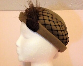 Vintage Taupe Felt Fascinator Hat: Black Netting & Feather Detail