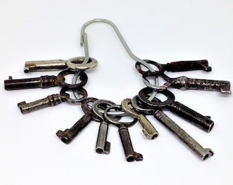 11 Vintage Metal Skeleton Keys, Old Keys, Craft Keys, Vintage Silver Metal Keys on a Large Clasp, Jewelry Making Keys, Collectible Keys